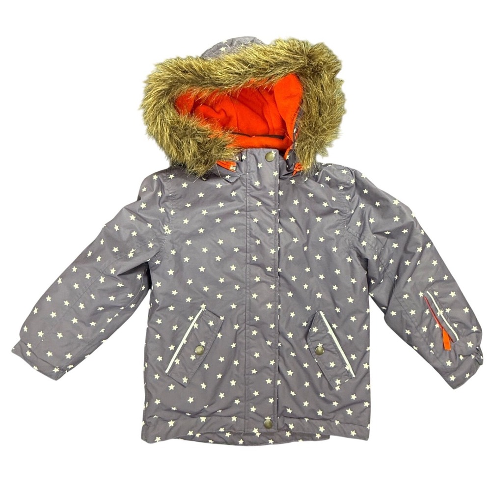Boden Jacket Girls 7-8Y Purple Star Print Faux Fur Hood‎ Winter Coat